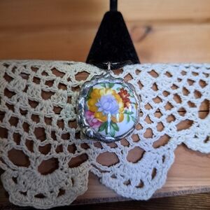 Broken Vintage Plate Floral Pendant with Silver Accents Necklace